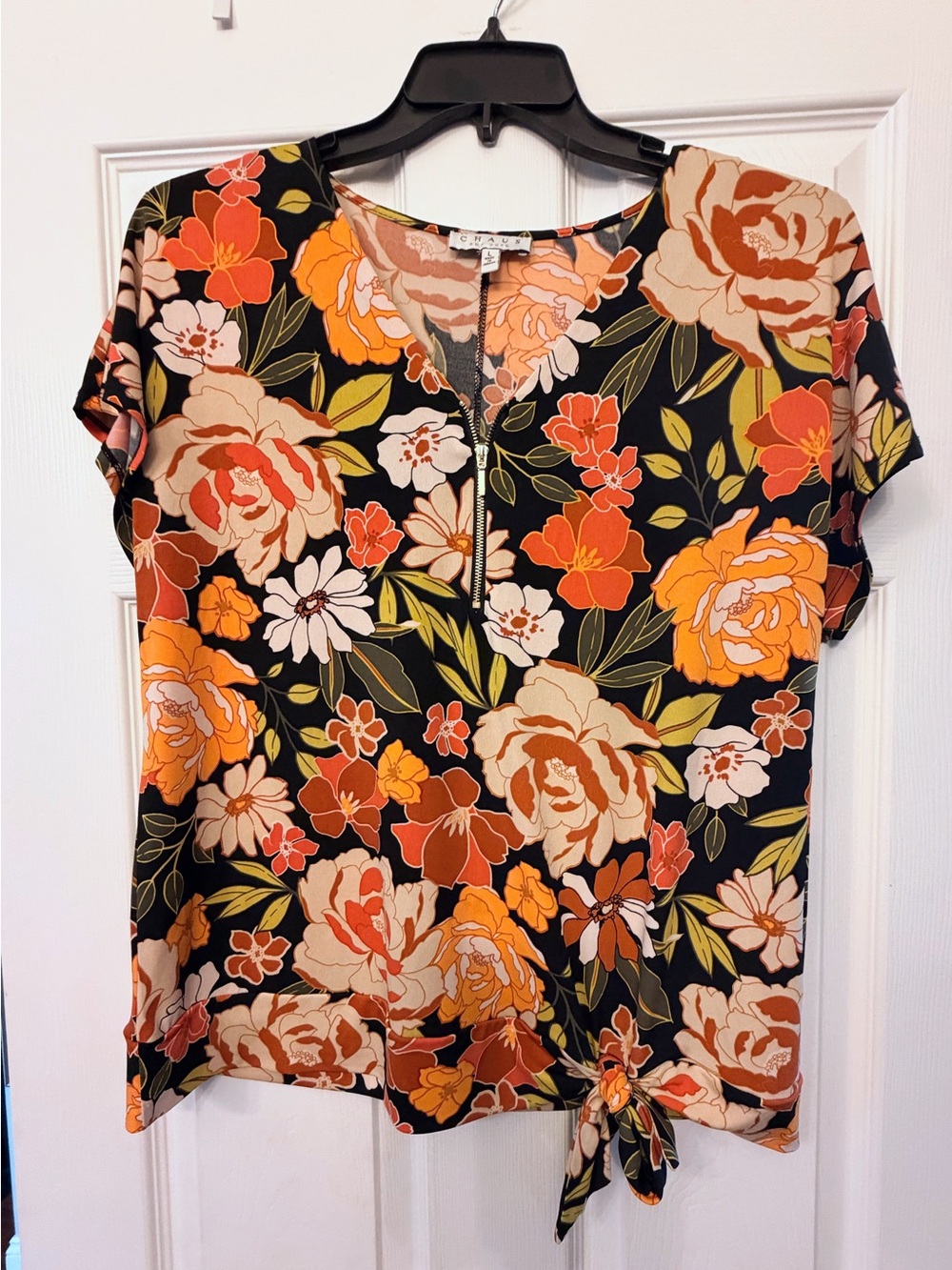 Chaus New York Floral Tie-Hem Short Sleeve Top - Black & Orange